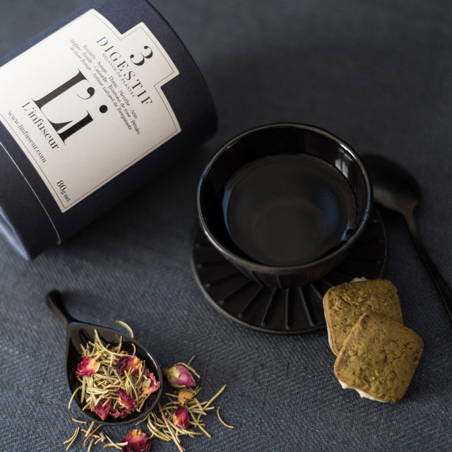 N°3 Digestif — Infusion. Rosemary, Sage, Thyme of Provence, Peppermint, Anise, Liquorice, Basil, Cinnamon, Rosebuds, Rose petals, Essential oil of Bergamot